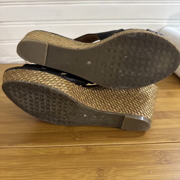 Corso Como Nebraska Open-toe Leather Wedge Sandals, Black Size 7M 3” Heel - Picture 5 of 7